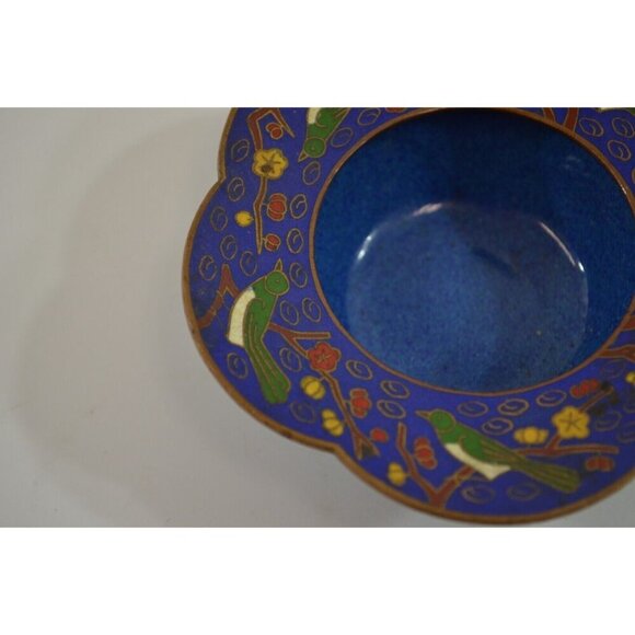 Chinese Cloisonne Trinket Bowl Dish Lot of 2 Cherry Blossoms Birds Vtg - Picture 4 of 11